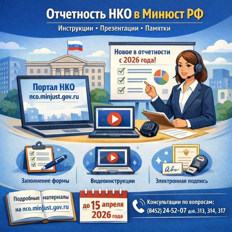 Информация для некоммерческих организация о предоставлении ежегодной отчетности в Минюст РФ.